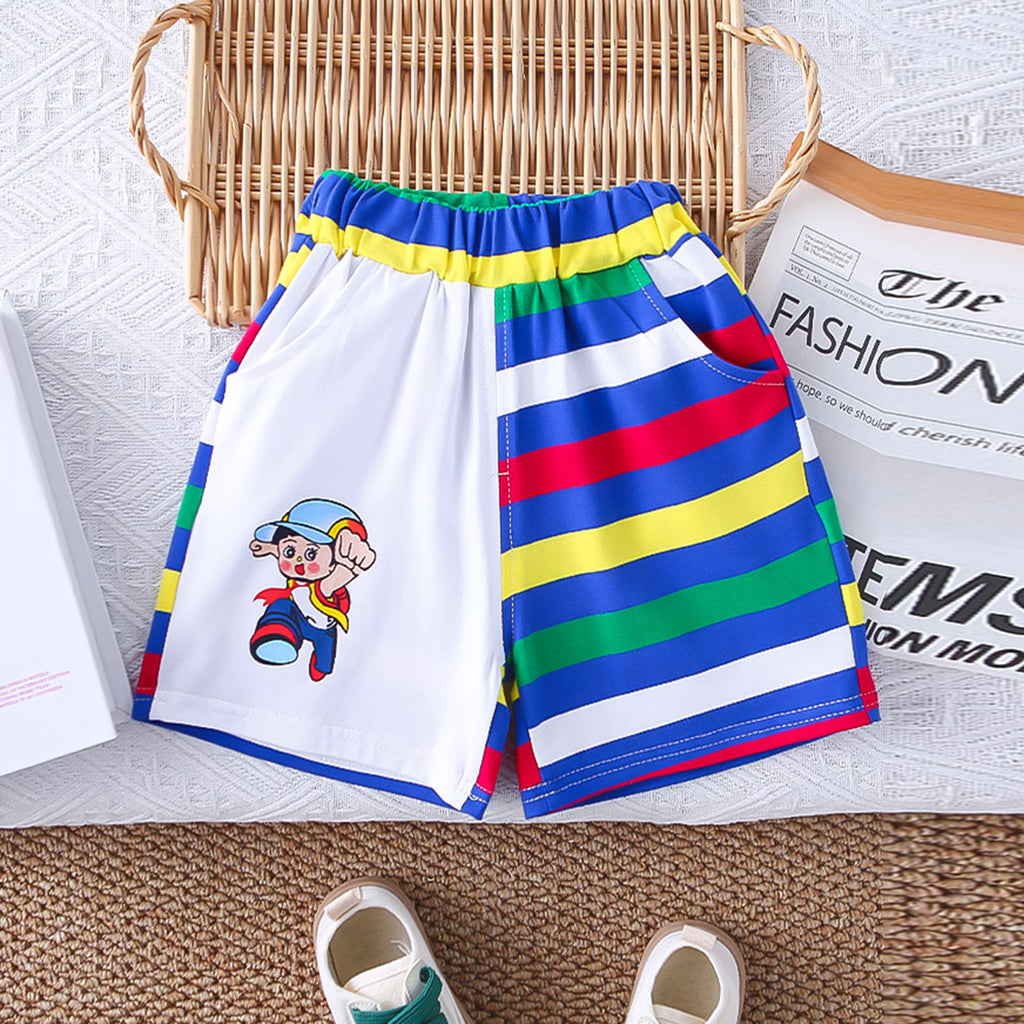 Boys Multicolor Striped Raglan Sleeves Graphic T-Shirt With Shorts Set 2 pc. Sets