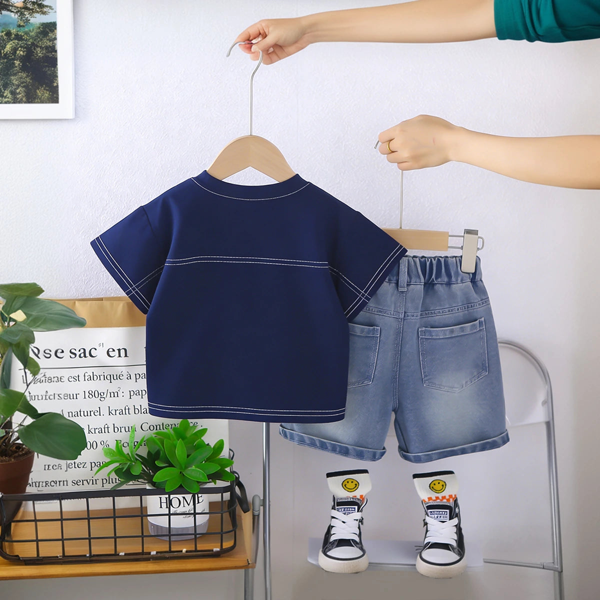 Boys Navy Blue Graphics Short Sleeves T-Shirt With Denim Shorts Set Sets