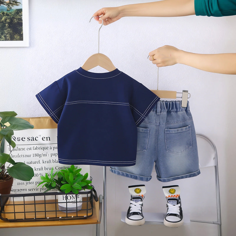 Boys Navy Blue Graphics Short Sleeves T-Shirt With Denim Shorts Set Sets