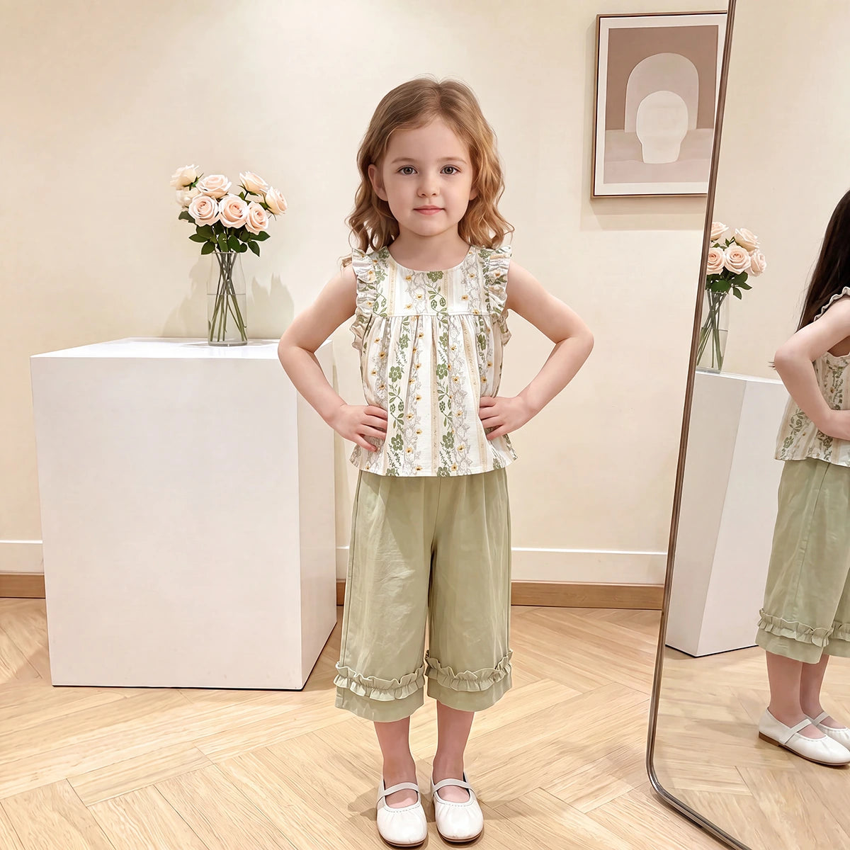 Girls Green Floral Print Sleeveless Top With Crop Pants Sets 2 pc. Sets