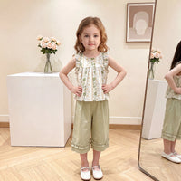 Girls Green Floral Print Sleeveless Top With Crop Pants Sets 2 pc. Sets