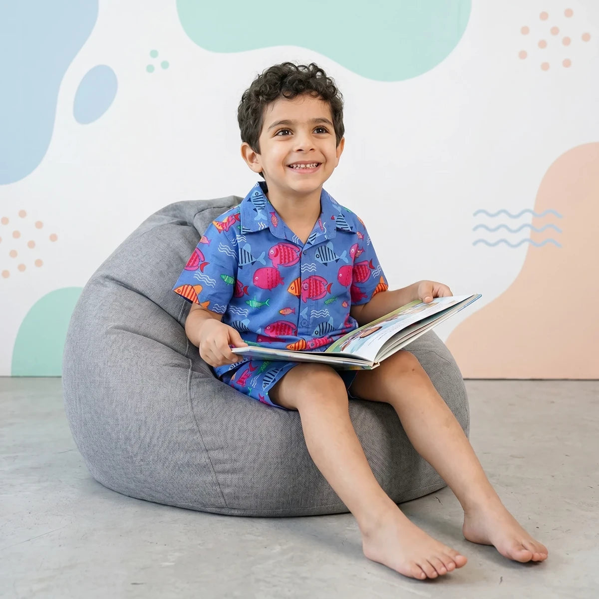 Boys Blue Fish Printed Short Sleeves Shirt With Printed Shorts Sets Sets