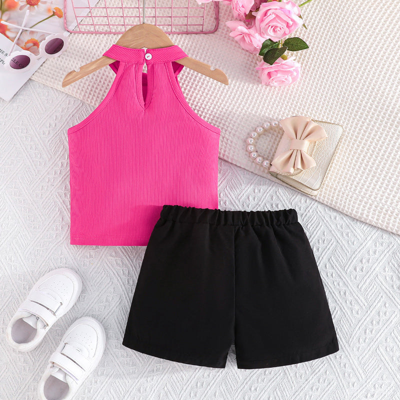 Girls Pink Halter Neck Top With Elasticated Short Set 2 pc. Sets