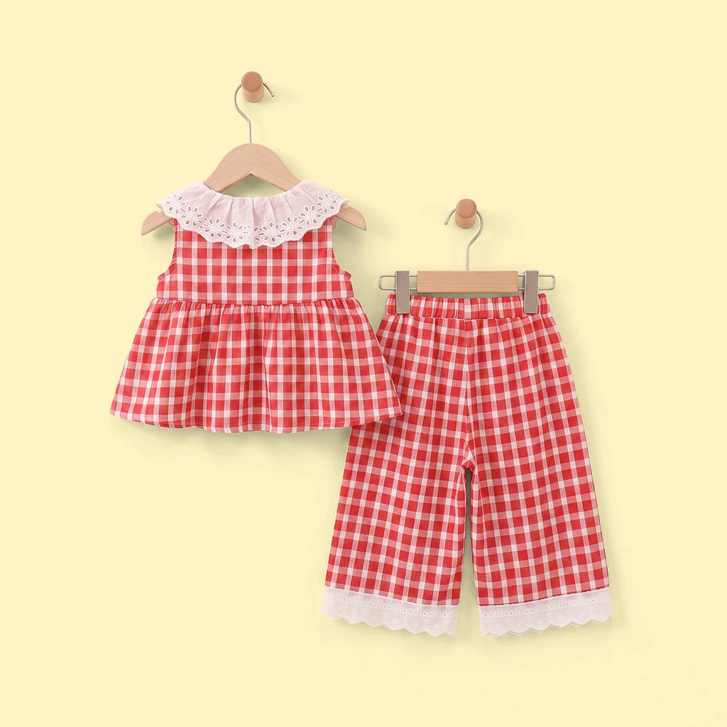 Girls Red Checked Sleeveless Top With Pants Sets 2 pc. Sets