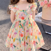 Girls Apricot Floral Print Flutter Sleeve Fit & Flare Dress Casual Dresses