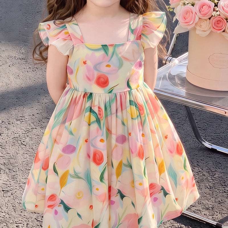 Girls Apricot Floral Print Flutter Sleeve Fit & Flare Dress Casual Dresses