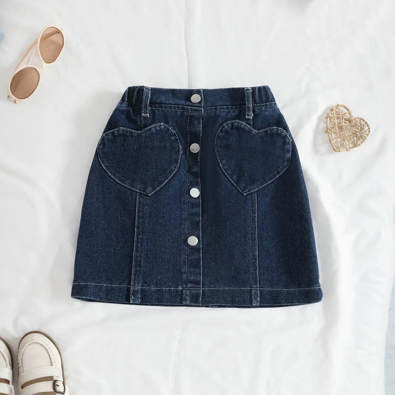 Girls Red 3D Rose Flower Applique Top With Denim Skirt Sets Sets