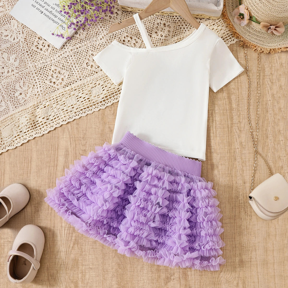 Girls Graphics One Shoulder Top With Purple Tulle Ruffled Skirts Set Sets