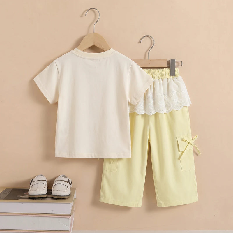 Girls Cream Dog Print Short Sleeve T-Shirt With Shorts Sets 2 pc. Sets