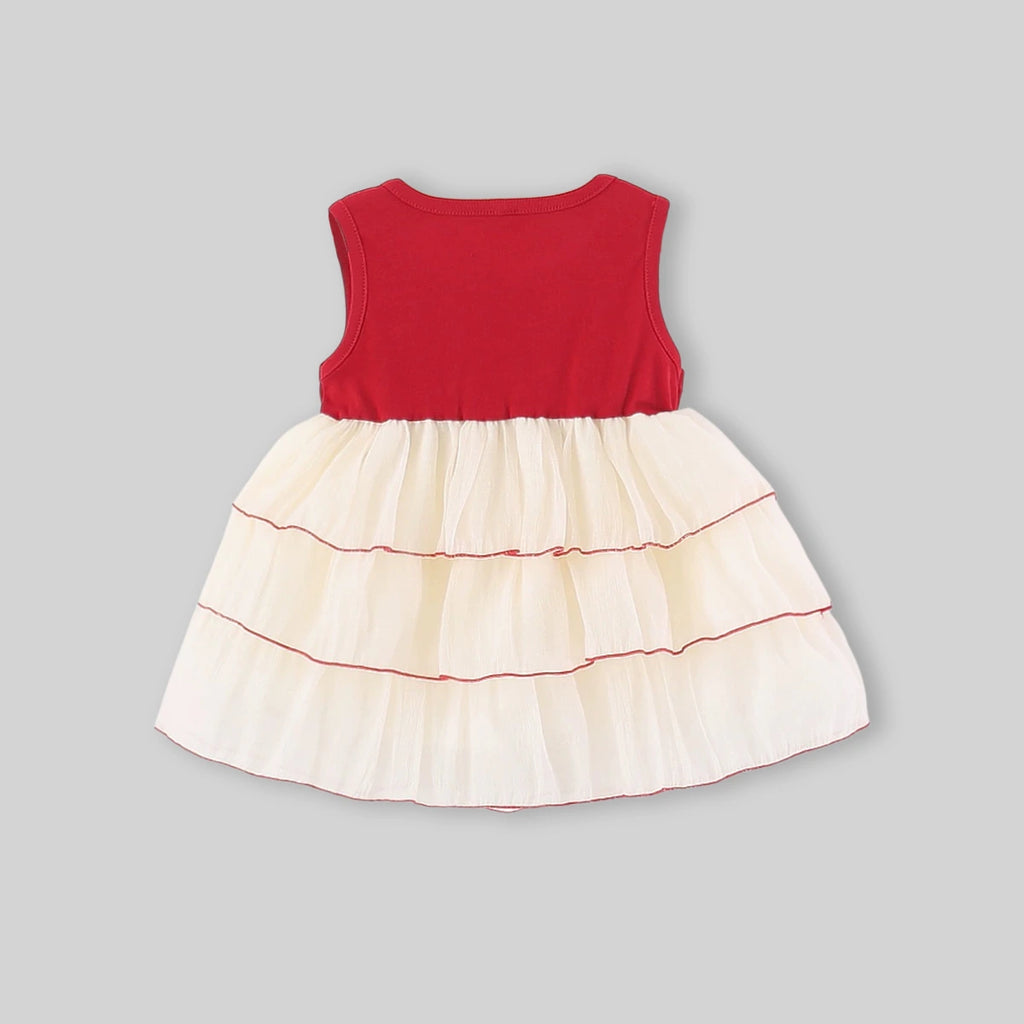 Girls Red Layered Fit And Flare Dress With Bow Details Casual Dresses