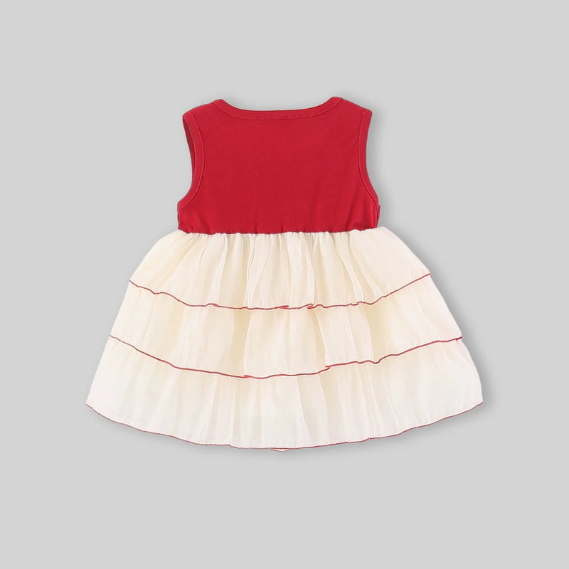 Girls Red Layered Fit And Flare Dress With Bow Details Casual Dresses