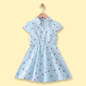 Girls Light Blue Cherry Print Puff Sleeve Fit & Flare Dress Casual Dresses Light Blue 1-2 Y