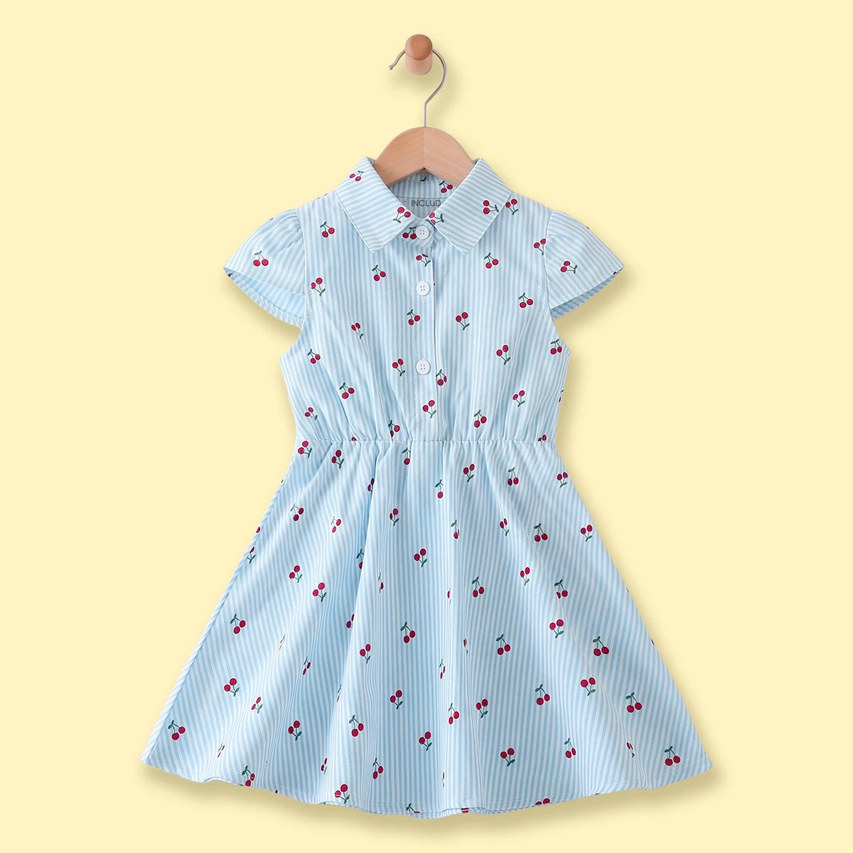 Girls Light Blue Cherry Print Puff Sleeve Fit & Flare Dress Casual Dresses Light Blue 1-2 Y