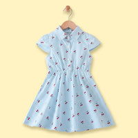 Girls Light Blue Cherry Print Puff Sleeve Fit & Flare Dress Casual Dresses Light Blue 1-2 Y