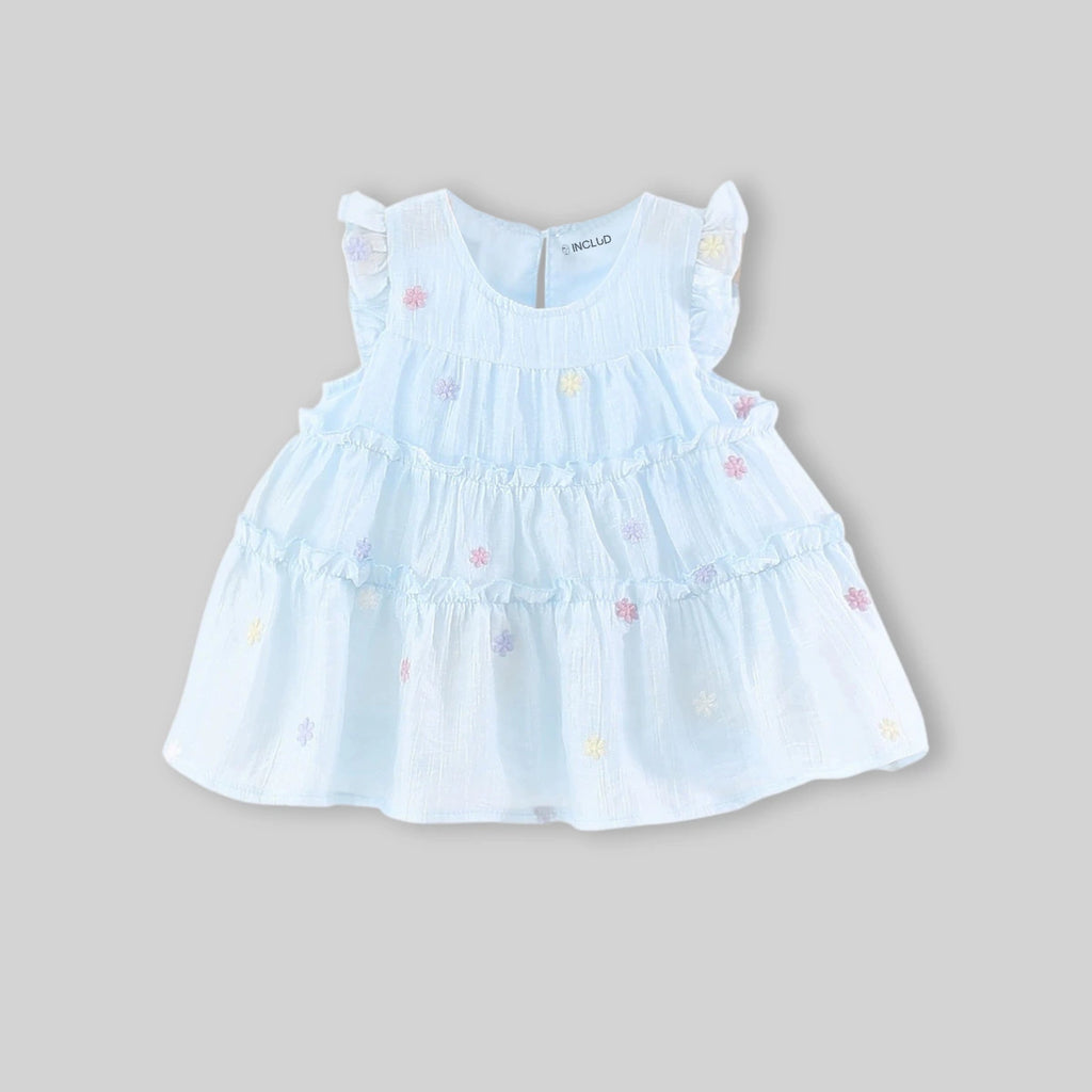 Girls Sky Blue Floral Embroidered Tiered Fit & Flare Dress Casual Dresses