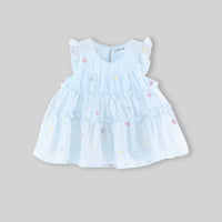 Girls Sky Blue Floral Embroidered Tiered Fit & Flare Dress Casual Dresses