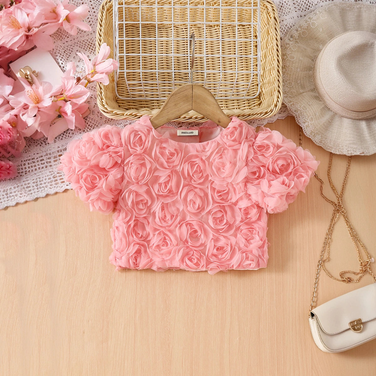 Girls Pink Rose Flower Appliqued Top With Denim Skirts Set Sets