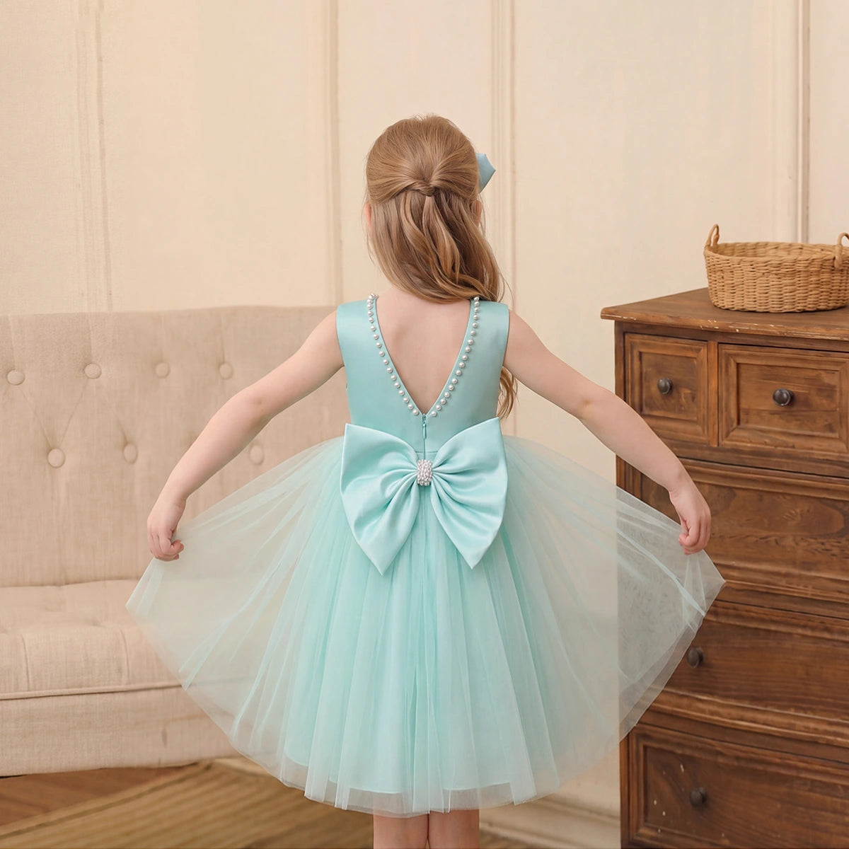 Girls Light Green Beaded Neck Sleeveless Fit & Flare Party Wear Dress Party Dresses