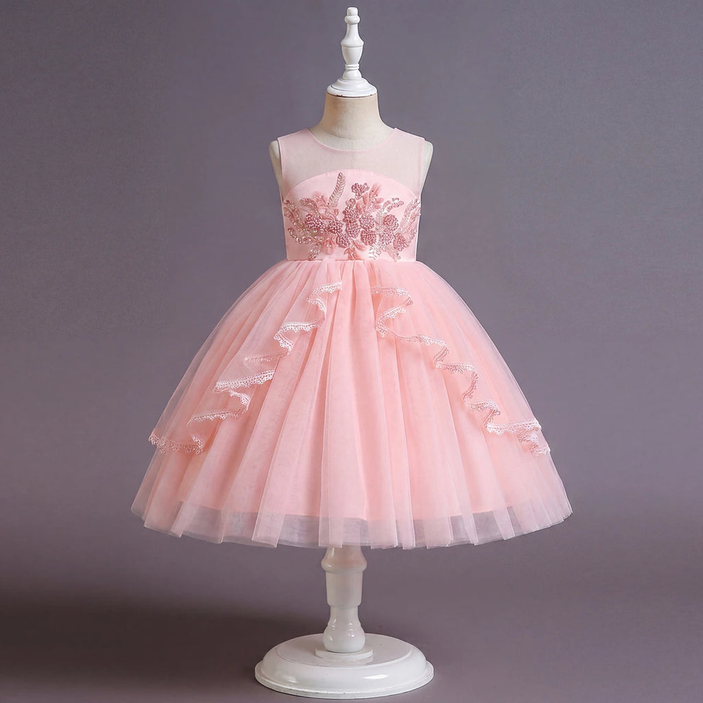 Girls Pink Embellished Sleeveless Layered Party Wear Dress Party Dresses Pink 3-4 Y