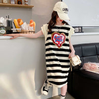 Girls Striped Heart Print Caps Sleeves A-Line Dress Casual Dresses   
