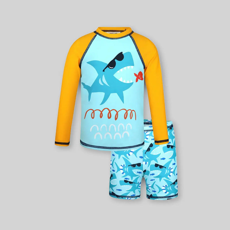 Boys Light Blue Shark Printed Long Sleeves T-Shirt & Shorts Swimsuit Sets Sets Light Blue 3-4 Y