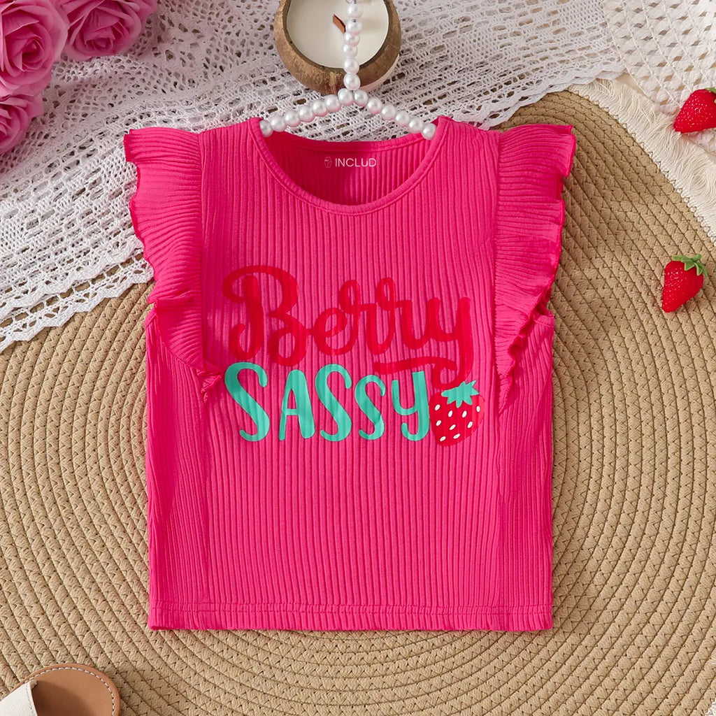 Girls Fuchsia Strawberry Print Top With Denim Shorts Set Sets
