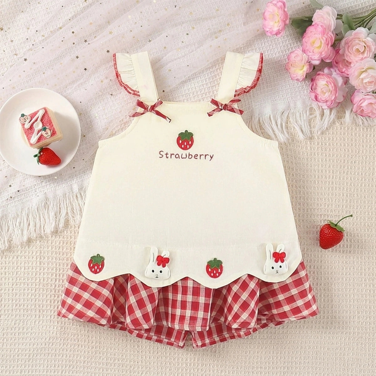 Girls Off White Strawberry Embroidered Sleeveless A-line Dress Casual Dresses Off White 1-2 Y