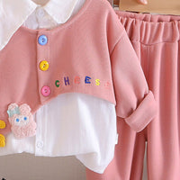 Girls Pink Embroidered Top With Striped Shirt & Joggers Set Sets