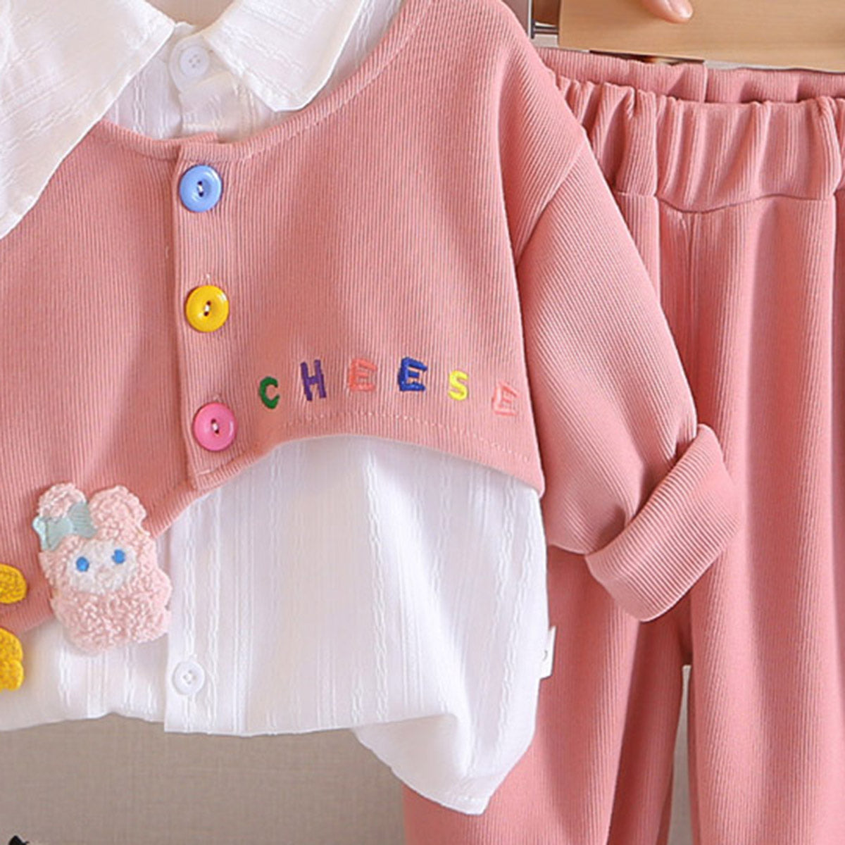 Girls Pink Embroidered Top With Striped Shirt & Joggers Set Sets
