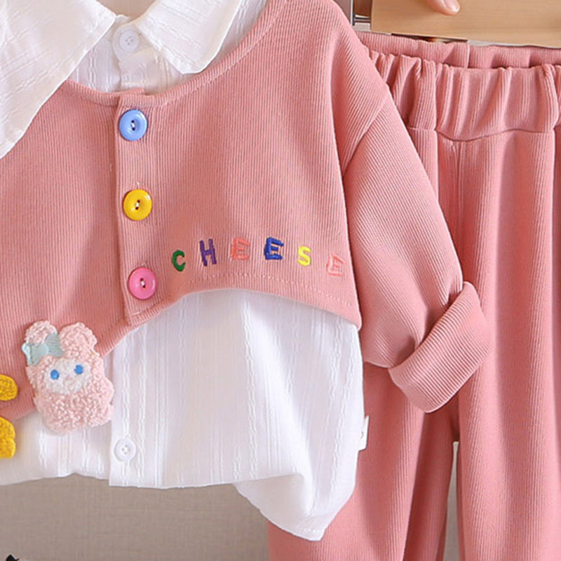 Girls Pink Embroidered Top With Striped Shirt & Joggers Set Sets