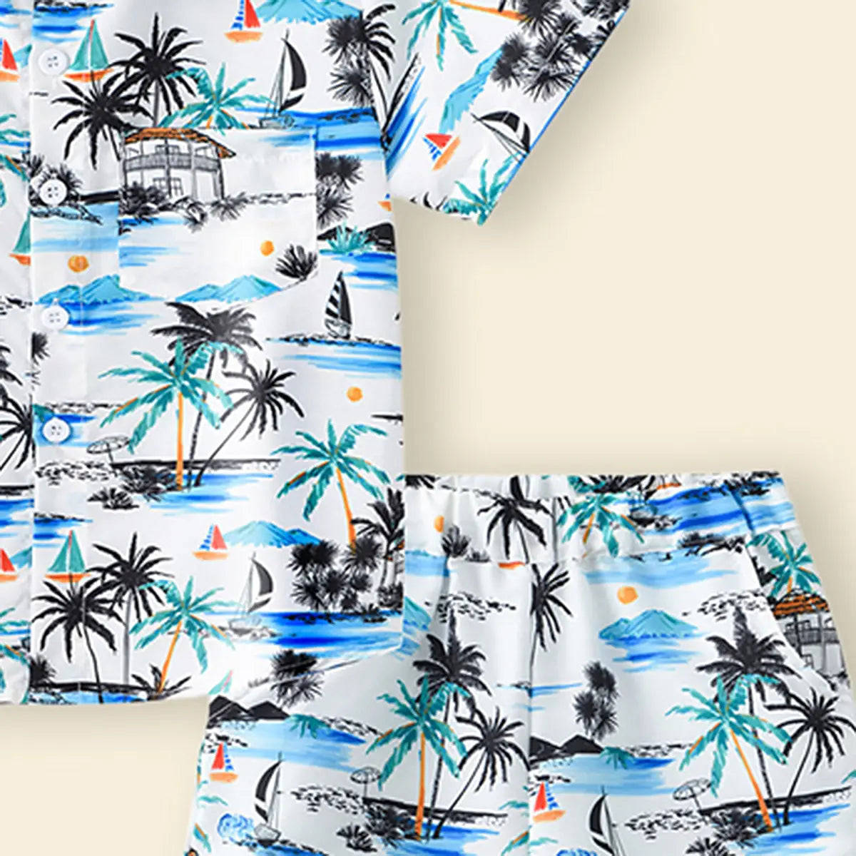 Boys White Tropical Print Button-Down Shirt With Shorts & Hat Co-ord Sets Sets