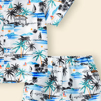 Boys White Tropical Print Button-Down Shirt With Shorts & Hat Co-ord Sets Sets