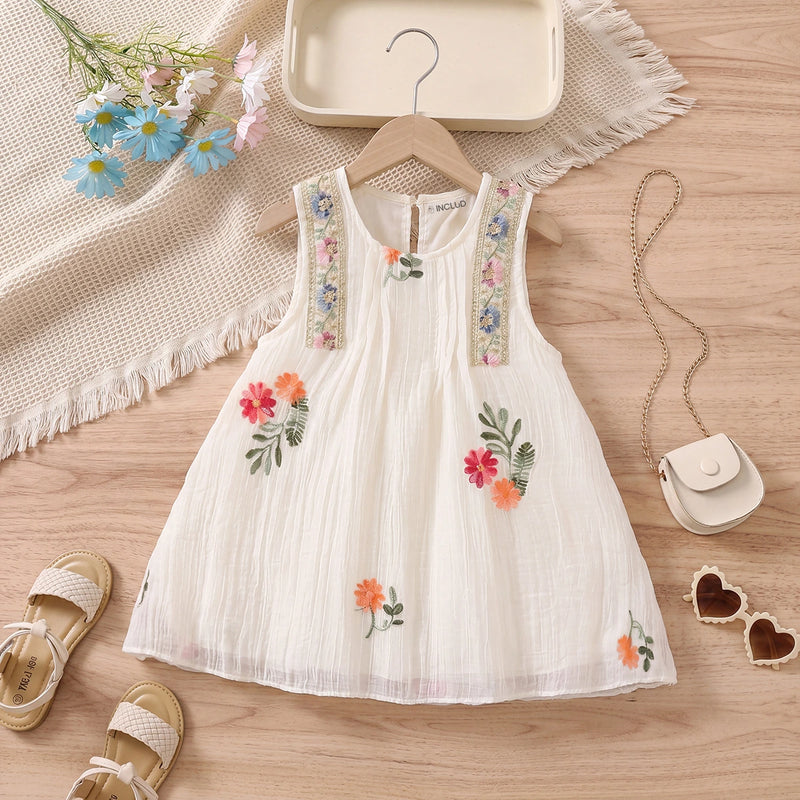 Girls Off White Floral Embroidered Sleeveless A-line Dress Casual Dresses Off White 1-2 Y