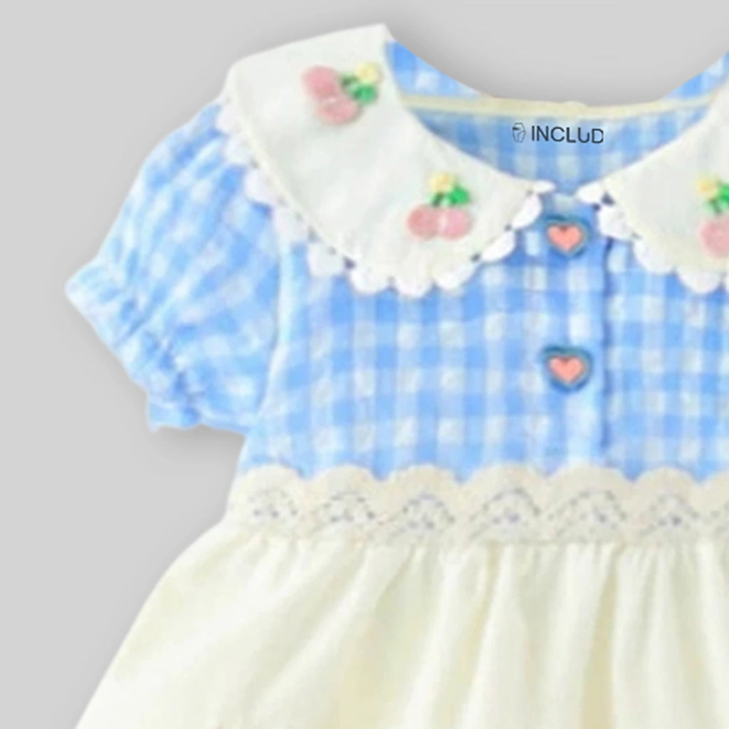 Girls Blue Gingham Checked Bunny Applique Fit & Flare Dress With Puff Sleeves Casual Dresses