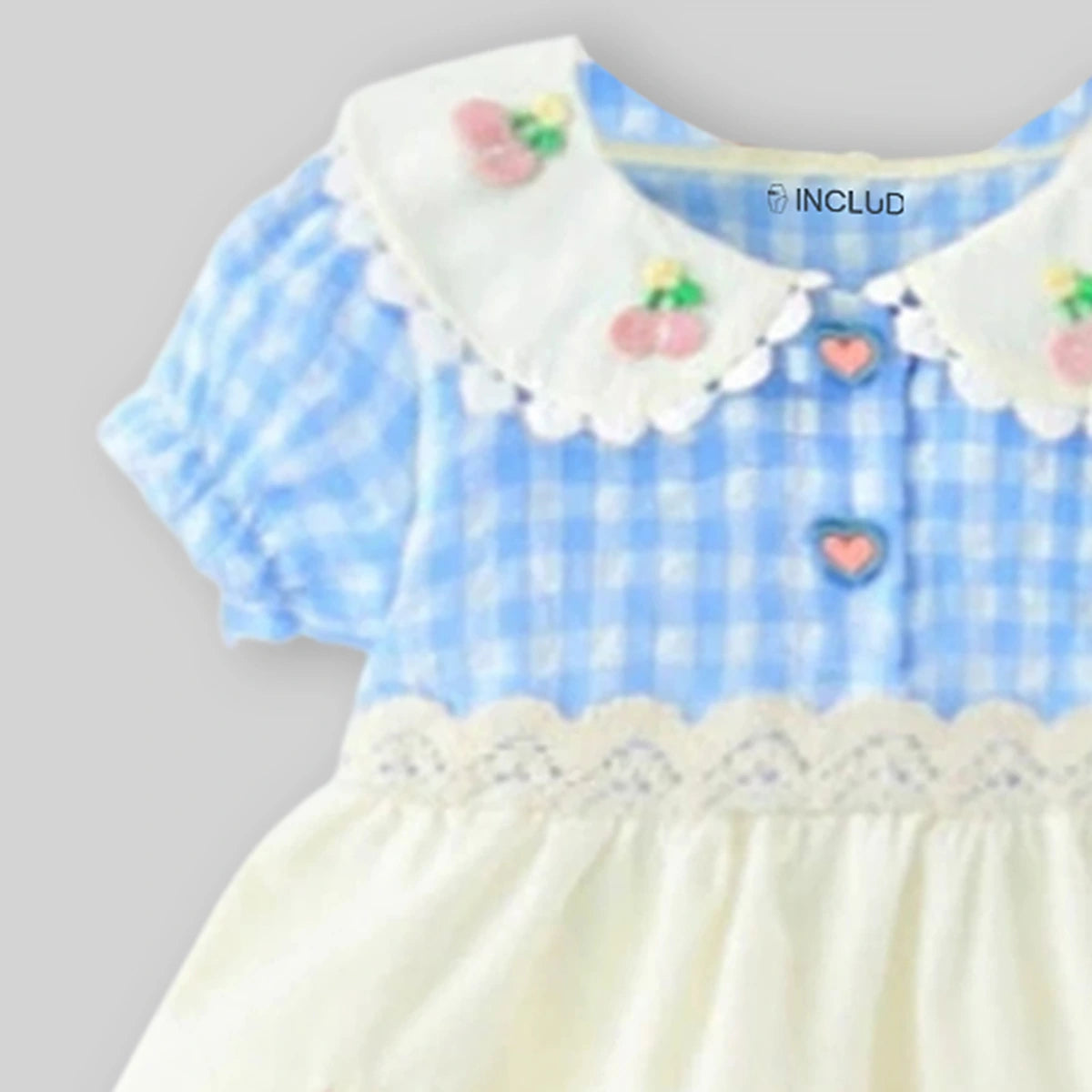 Girls Blue Gingham Checked Bunny Applique Fit & Flare Dress With Puff Sleeves Casual Dresses