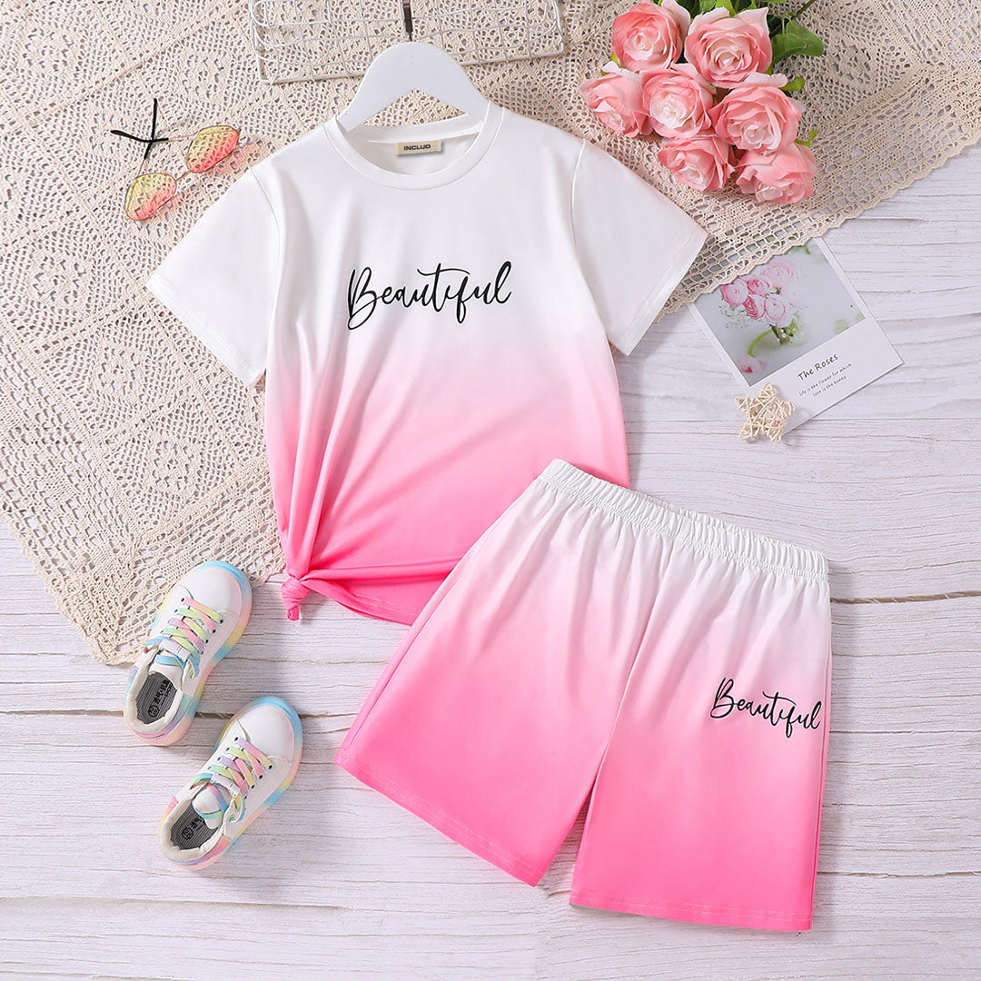Girls White-Pink Ombre Effect T-shirt with Shorts Set Sets Pink 5-6 Y