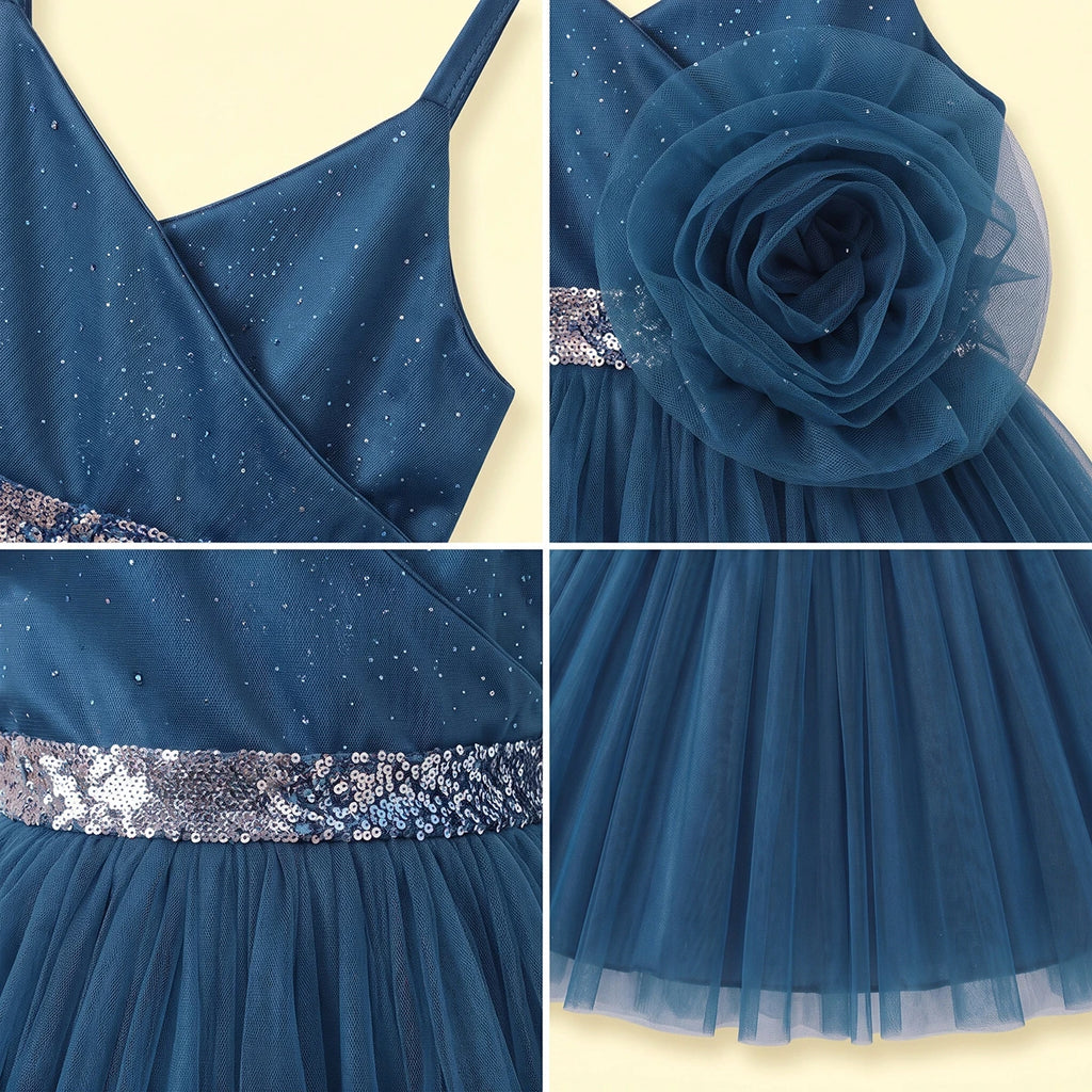 Girls Teal Blue 3D Floral Detail Sleeveless Party Gown Party Dresses