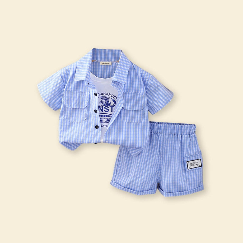 Boys Light Blue Double Pocket Checked Shirt With Shorts 2 pc. Sets Light Blue 1-2 Y 