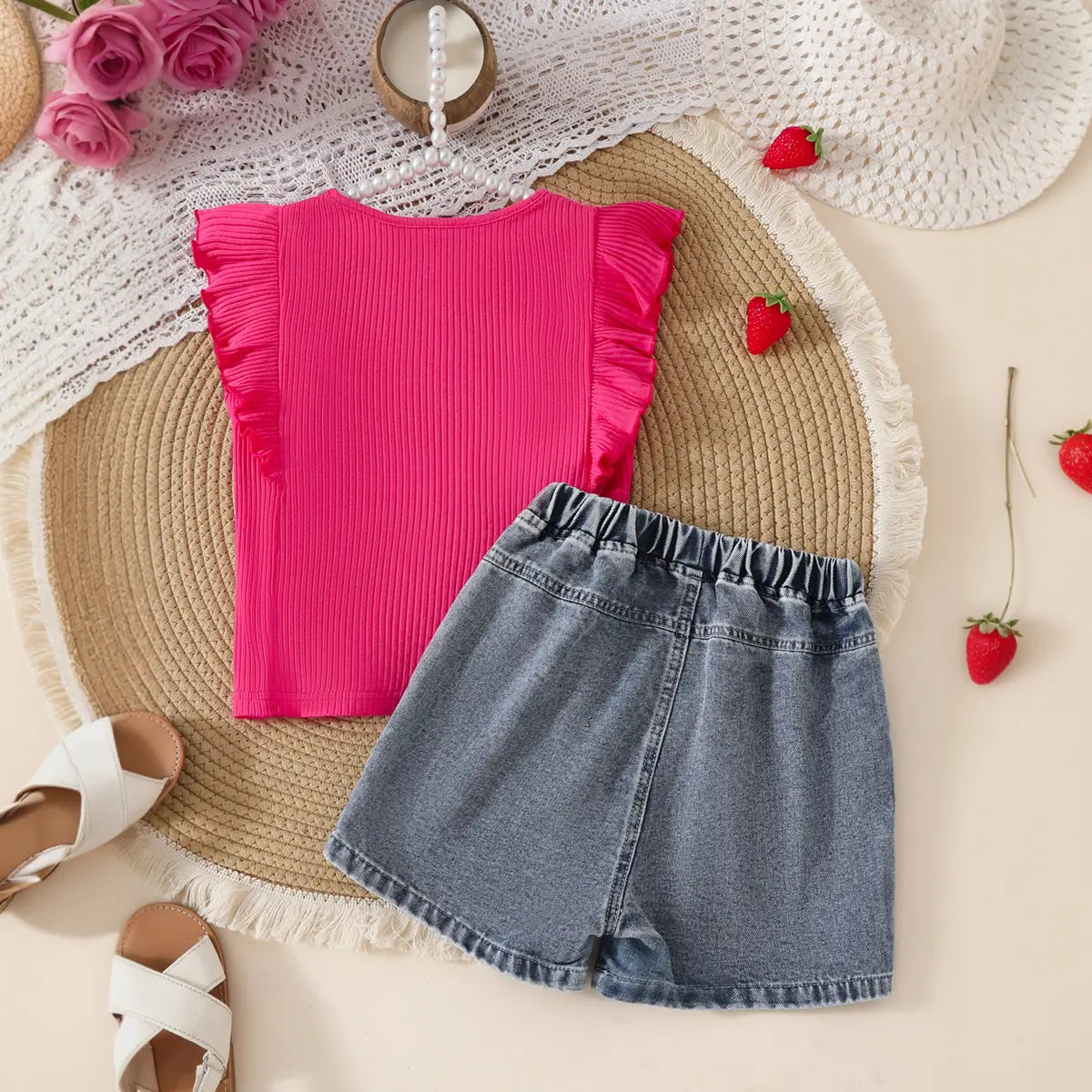 Girls Fuchsia Strawberry Print Top With Denim Shorts Set Sets
