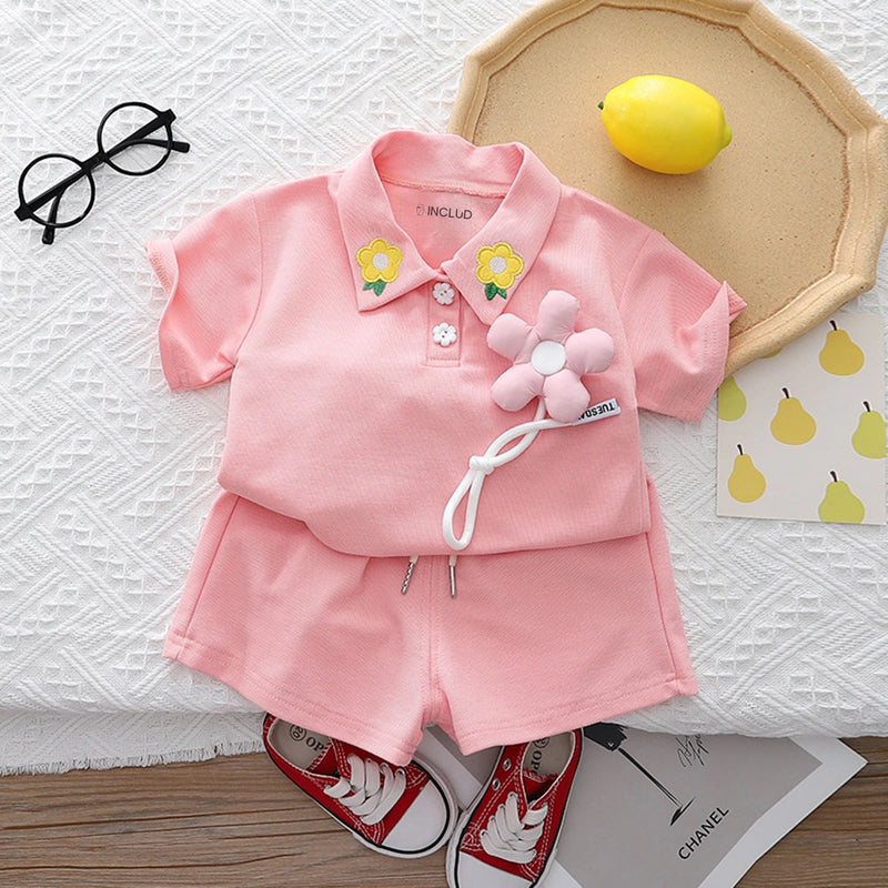 Girls Pink Floral Applique Short Sleeve Polo T-Shirt With Shorts Sets 2 pc. Sets Pink 1-2 Y
