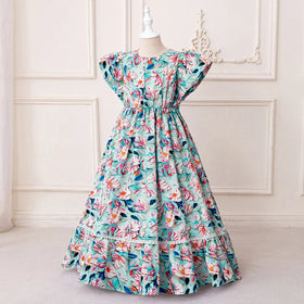 Girls Blue Floral Flutter Sleeves Maxi Dress With Elasticated Waistline Casual Dresses