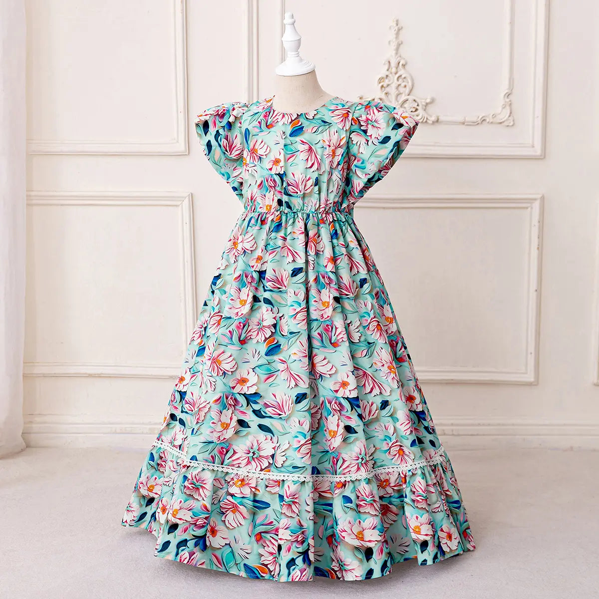 Girls Blue Floral Flutter Sleeves Maxi Dress With Elasticated Waistline Casual Dresses