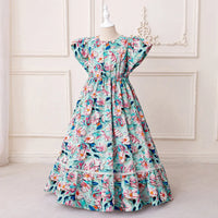 Girls Blue Floral Flutter Sleeves Maxi Dress With Elasticated Waistline Casual Dresses