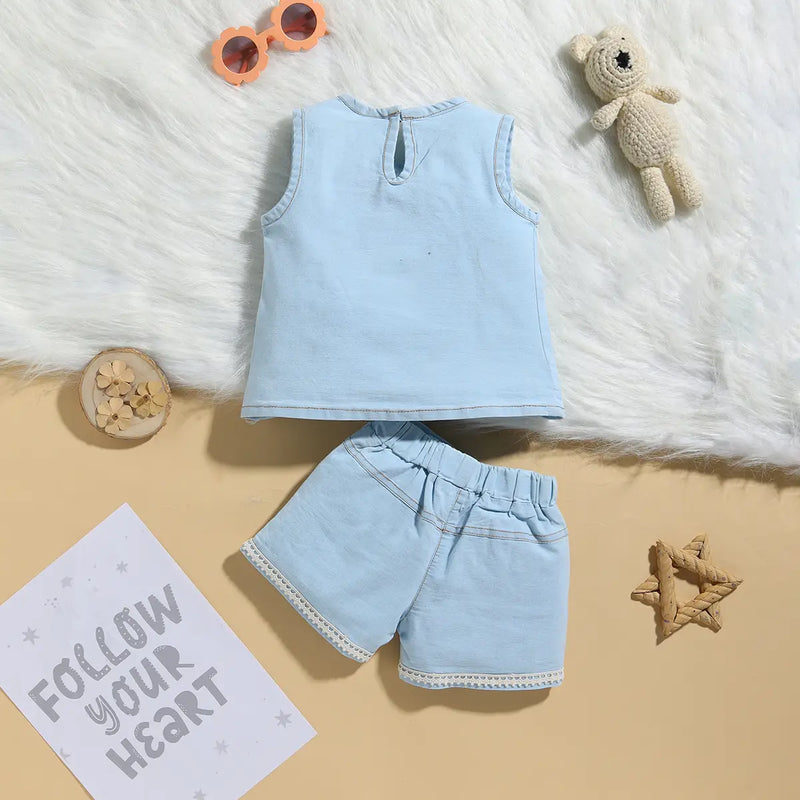 Girls Sky Blue Embroidered Top With Elasticated Shorts Sets 2 pc. Sets
