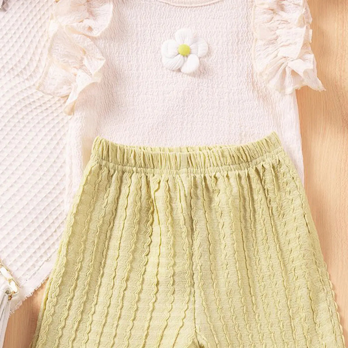 Girls Apricot Textured Sleeveless Ruffle Top With Pant Sets Sets