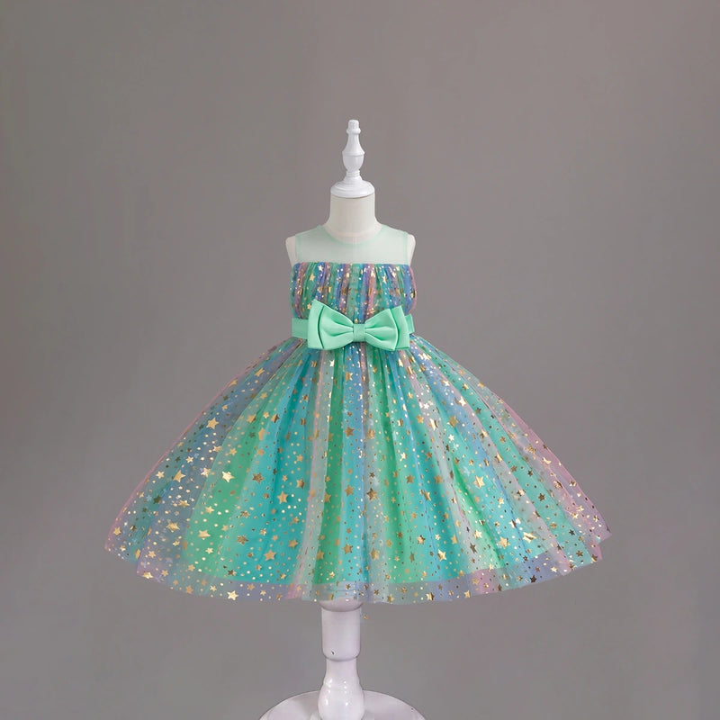 Girls Light Green Star Foil Print Sleeveless Fit & Flare Party Wear Dress Party Dresses Light Green 2-3 Y