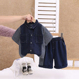Boys Dark Blue Striped Denim Shirt And Shorts set