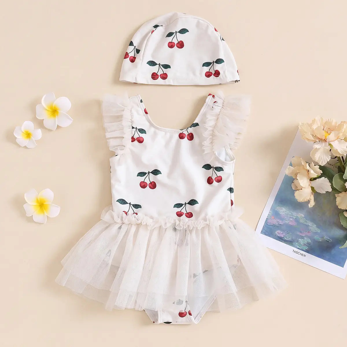Girls White Cherry Printed Round Neck Fit & Flare Dress Casual Dresses White 1-2 Y