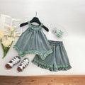 Girls Light Blue Floral Lace Detail Halter Top With Denim Shorts Sets 2 pc. Sets Light Blue 1-2 Y