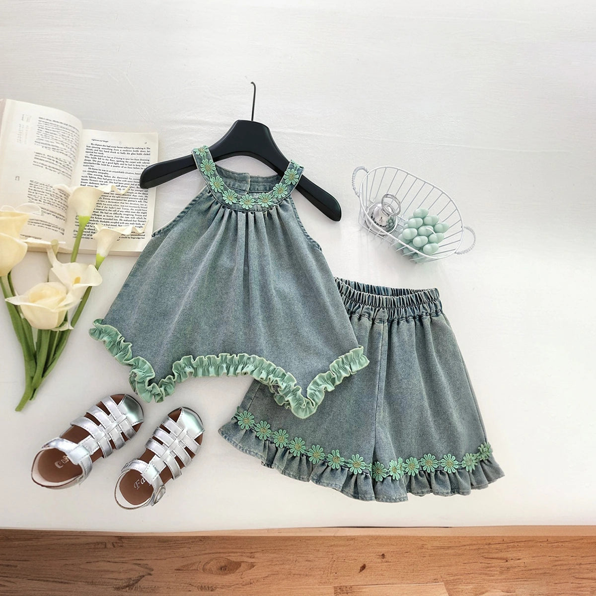 Girls Light Blue Floral Lace Detail Halter Top With Denim Shorts Sets 2 pc. Sets Light Blue 1-2 Y